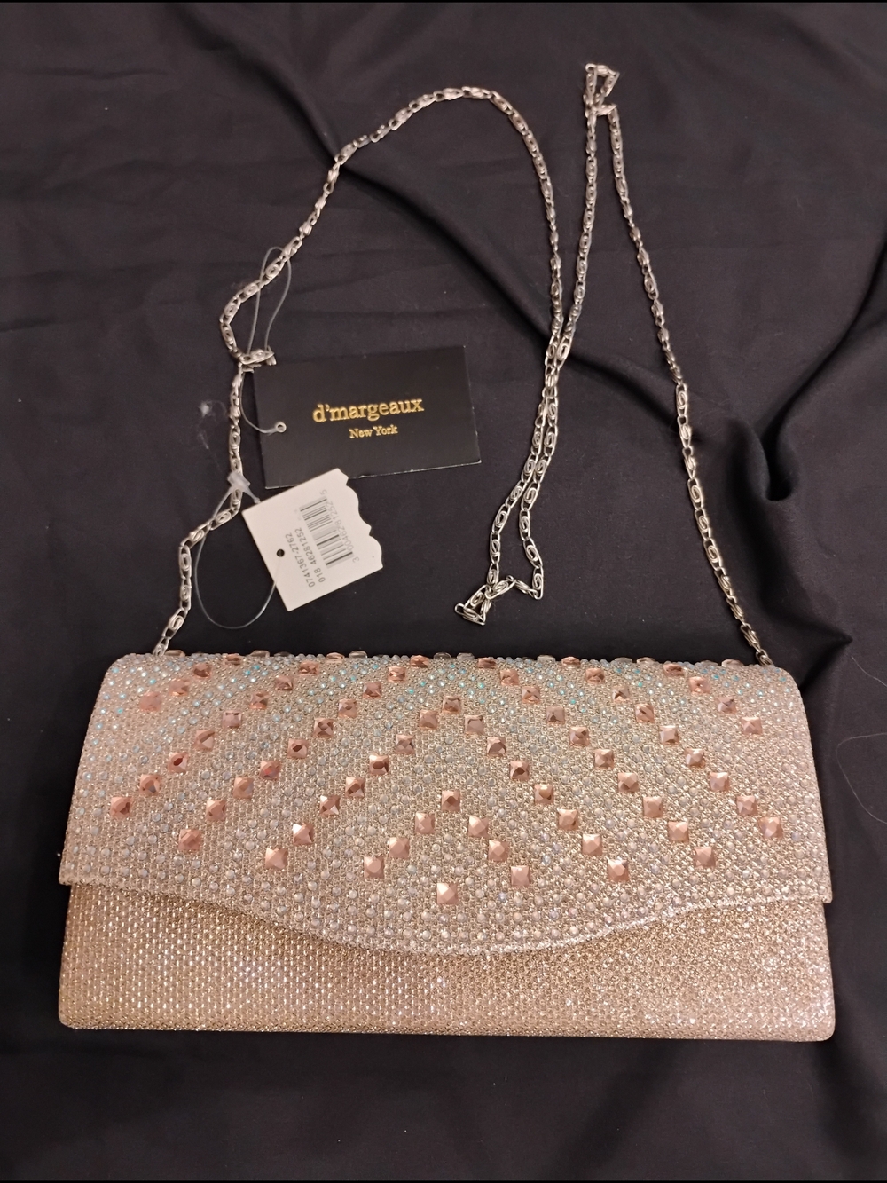 d'margeaux Rose Gold Crystal-Embellished Evening Clutch with Chain